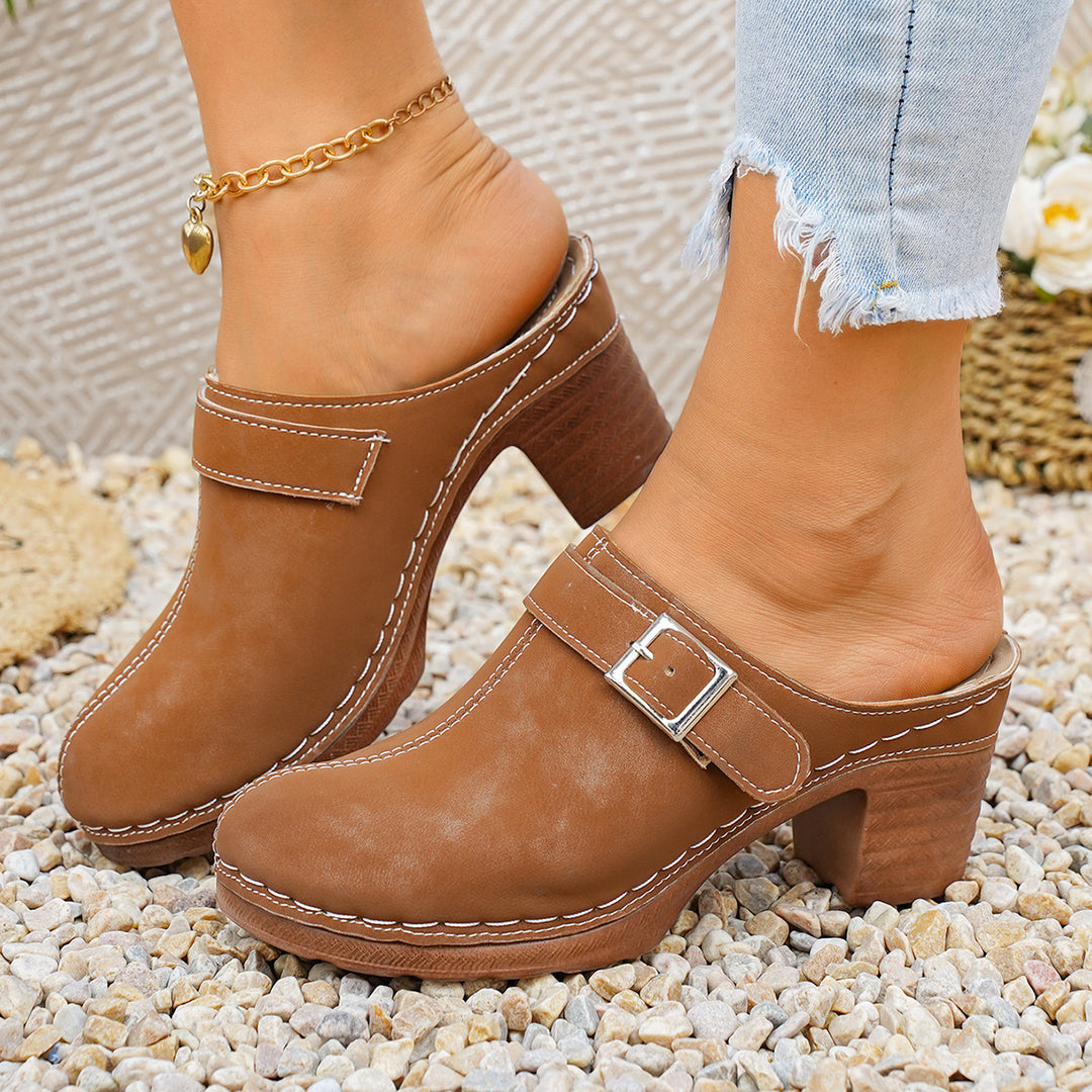 Damen Clogs mit elegantem Riemen und komfortablem Blockabsatz EB