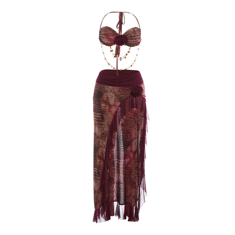 Damen elegantes Wickel-Badeanzug-Set mit floralem Design und Rüschen EB