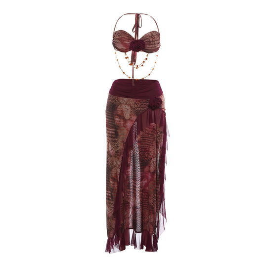 Damen elegantes Wickel-Badeanzug-Set mit floralem Design und Rüschen EB