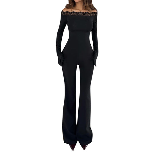 Damen eleganter Off-Shoulder Jumpsuit mit Spitzenakzenten und ausgestelltem Bein EB