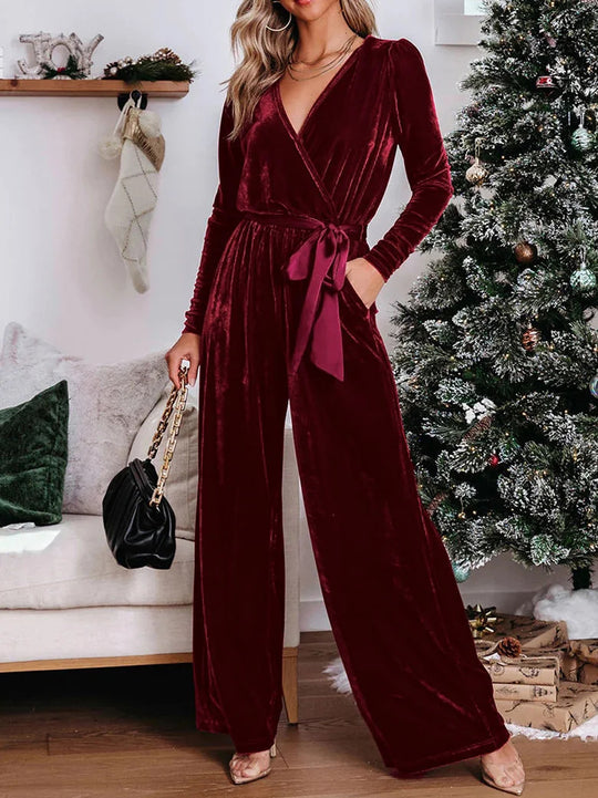 Damen Samt‑Jumpsuit mit Wickel‑V‑Ausschnitt, weitem Bein und Taillengürtel EB