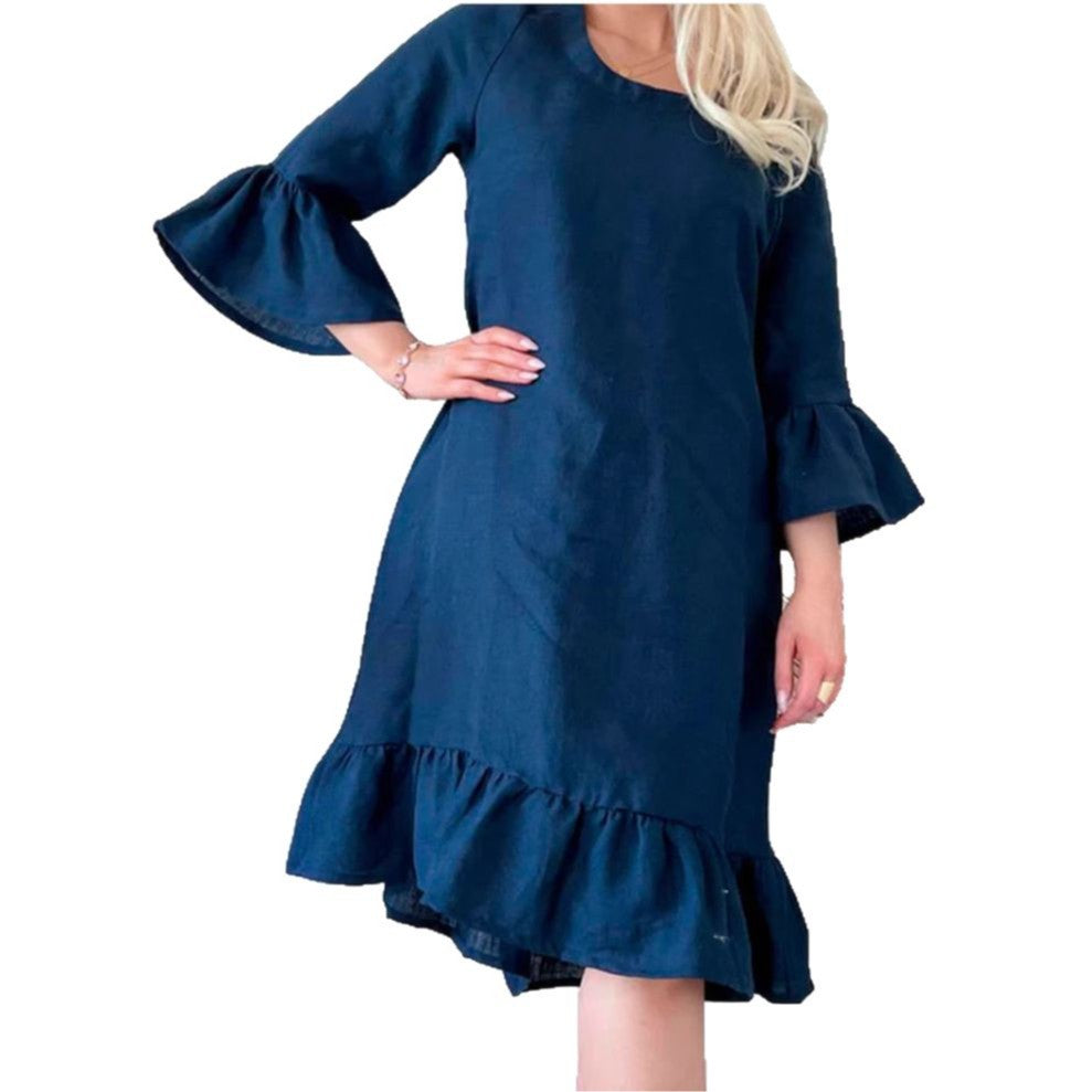 Damen Leichtes Leinenkleid mit Rüschendetails und weitem Schnitt EB