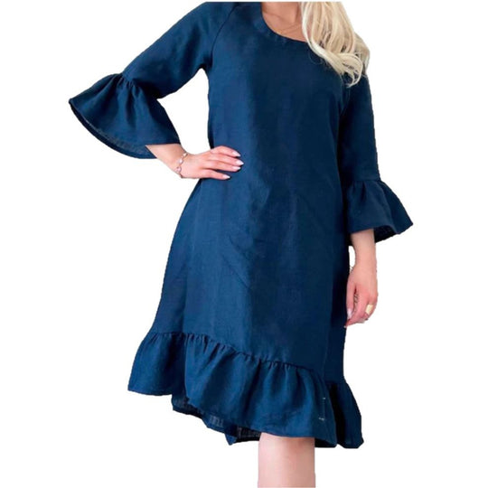 Damen Leichtes Leinenkleid mit Rüschendetails und weitem Schnitt EB