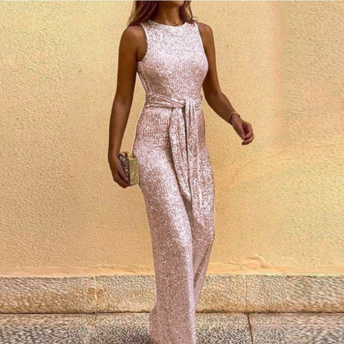 Damen Glitzerndes Maxi-Kleid mit Taillengürtel und elegantem Schnitt EB