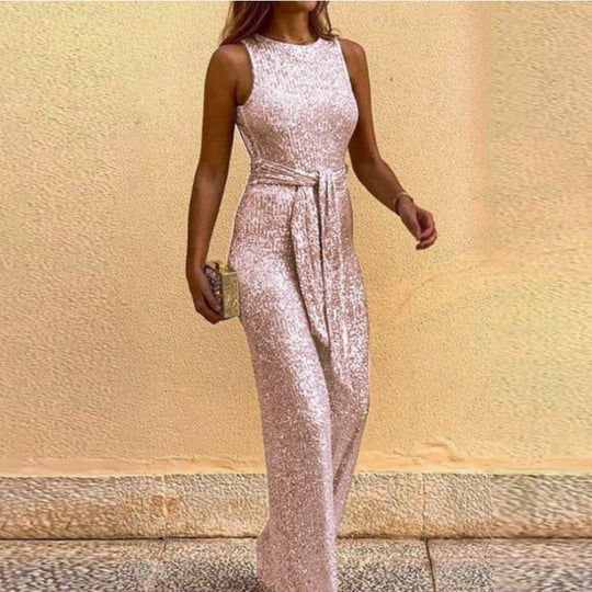 Damen Glamouröses Maxikleid mit glänzendem Paillettenbesatz und eleganter Taillenbindung EB