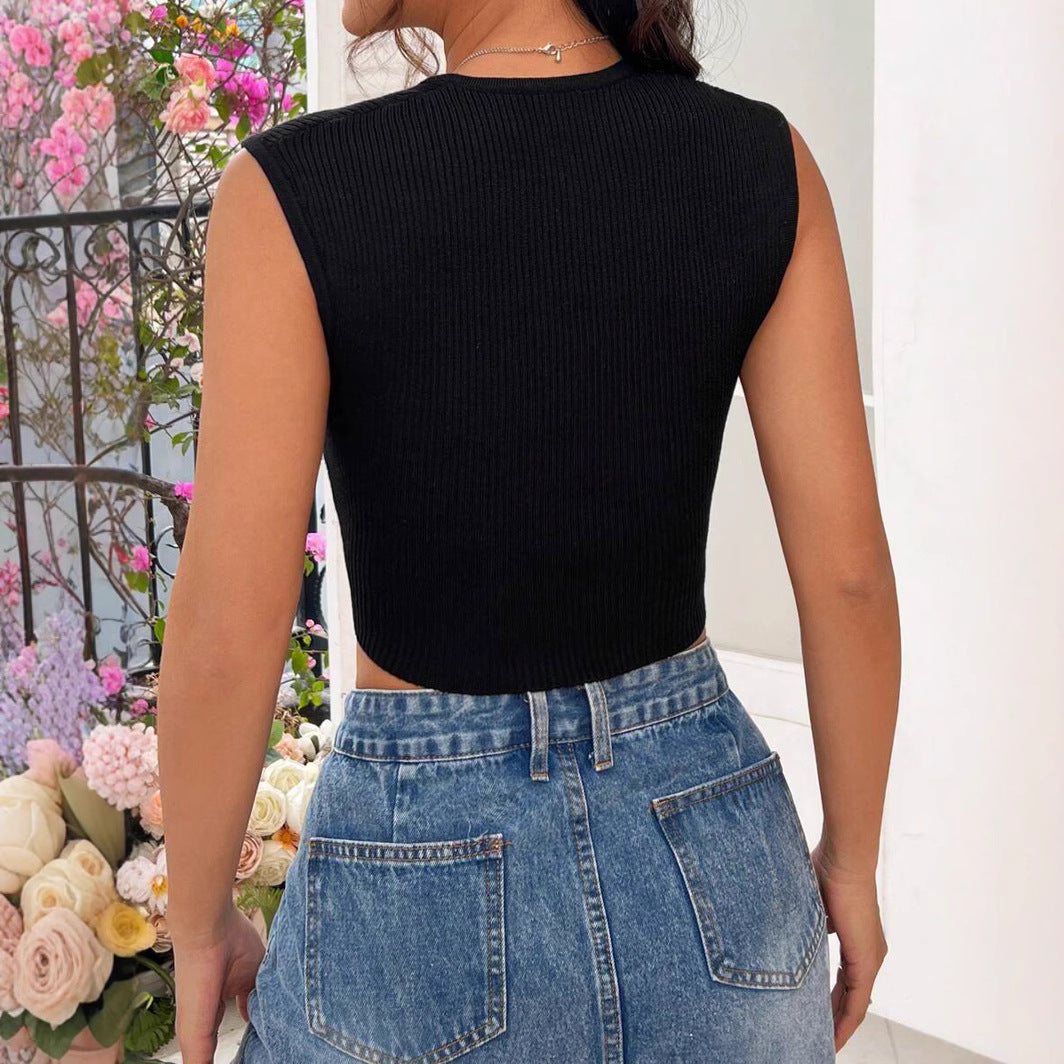 Damen Elegantes Crop-Top mit V-Ausschnitt und feiner Rippenstruktur EB
