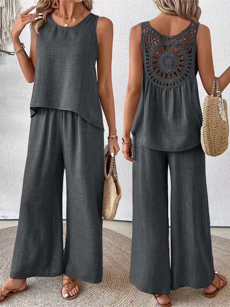 Damen Lässiges und luftiges Zweiteiliges Set mit Oberteil und weitem Hosen EB