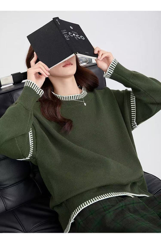 Damen Übergroßer Strickpullover mit Kontrastbündchen EB