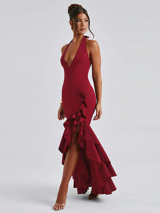 Damen Elegant geschnittenes Abendkleid mit tiefem V-Ausschnitt und Rüschendetails EB