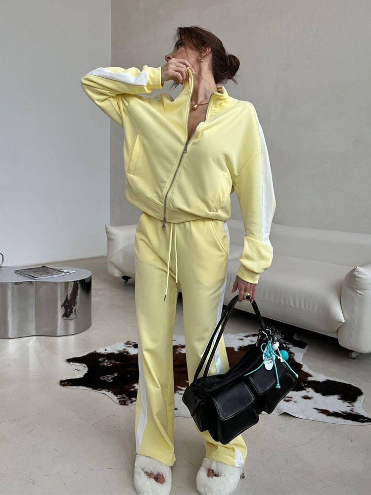 Damen Relaxed-Loungewear-Set mit kurzem Zip-Hoodie und weiter Palazzo-Jogginghose mit Seitenpaspel EB