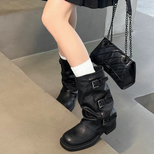 Damen modische Stiefel mit dekorativen Schnallen und robustem Profil EB