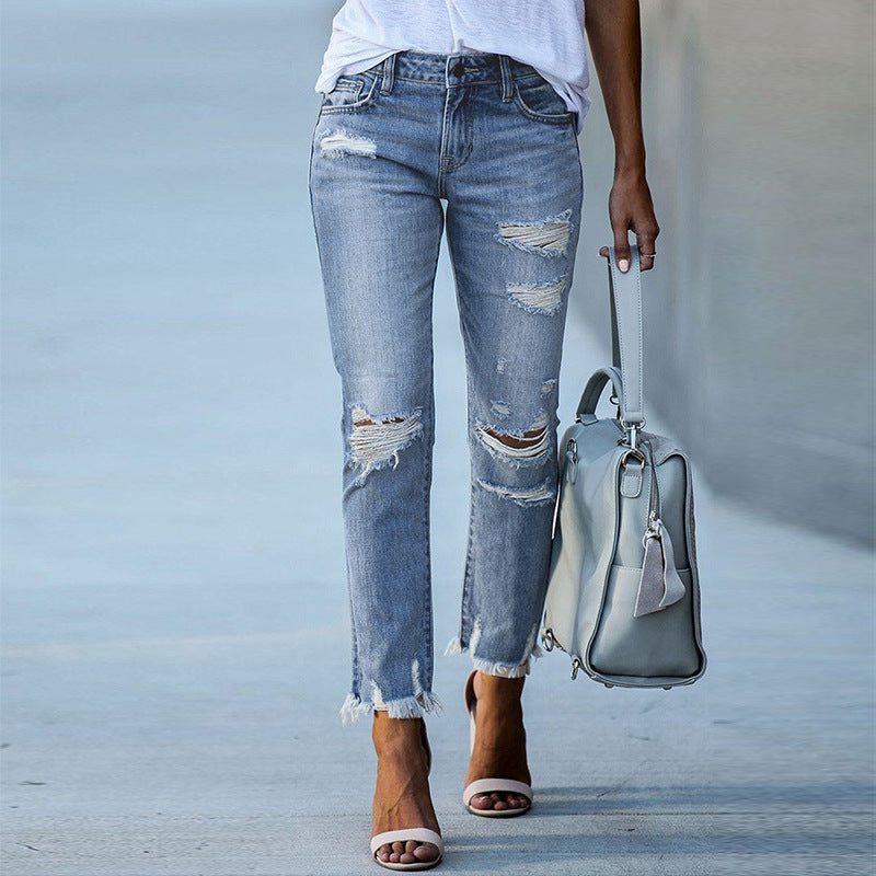Damen destroyed Jeans mit fransigen Säumen und modischen Rissen EB