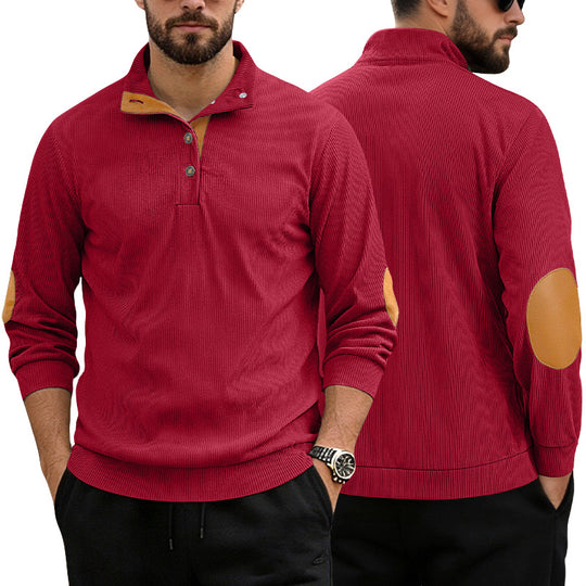 Herren nan lässiger Strukturpullover mit Polokragen, kurzer Knopfleiste und veganen Lederbesätzen EB