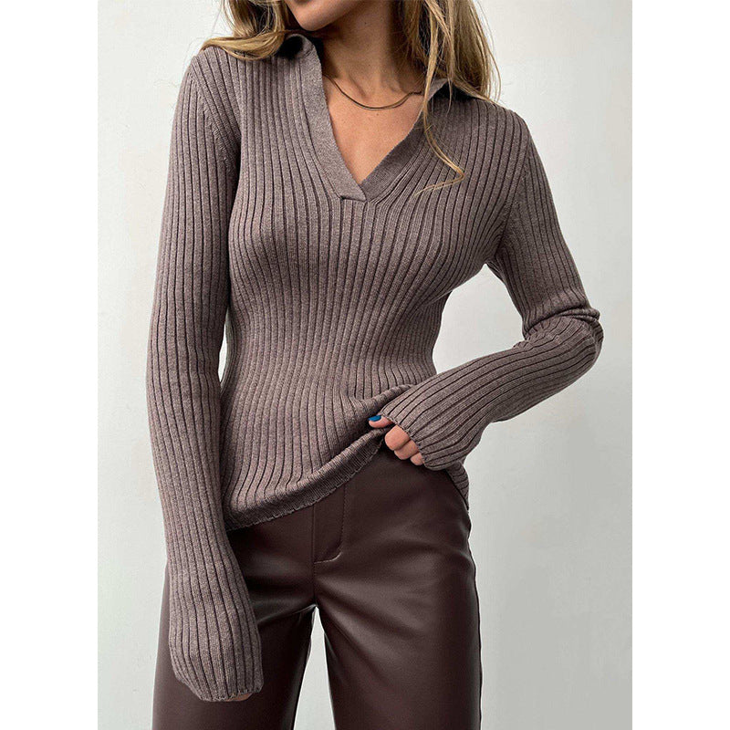 Damen Eleganter, gerippter Pullover mit tiefem V-Ausschnitt EB