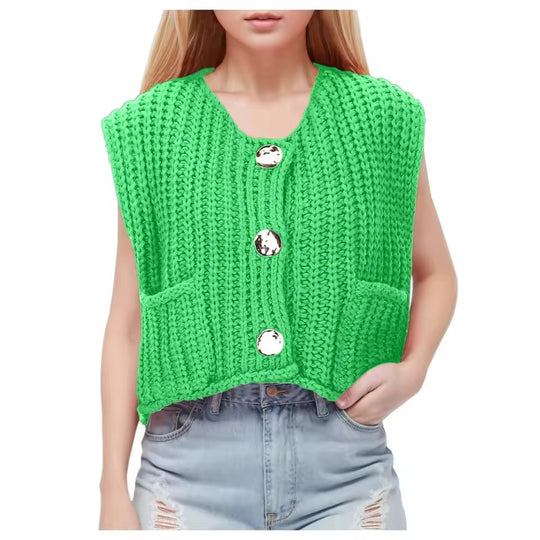Damen Strickweste mit praktischen Taschen und dekorativen Holzknöpfen EB