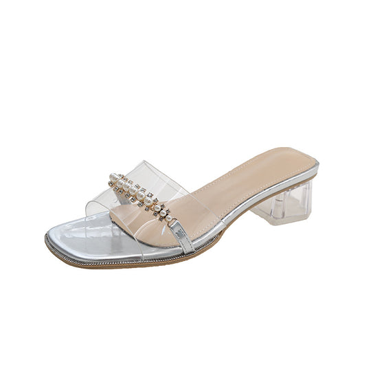 Damen Glamouröse Mules mit transparentem Obermaterial und funkelnden Perlenakzenten EB