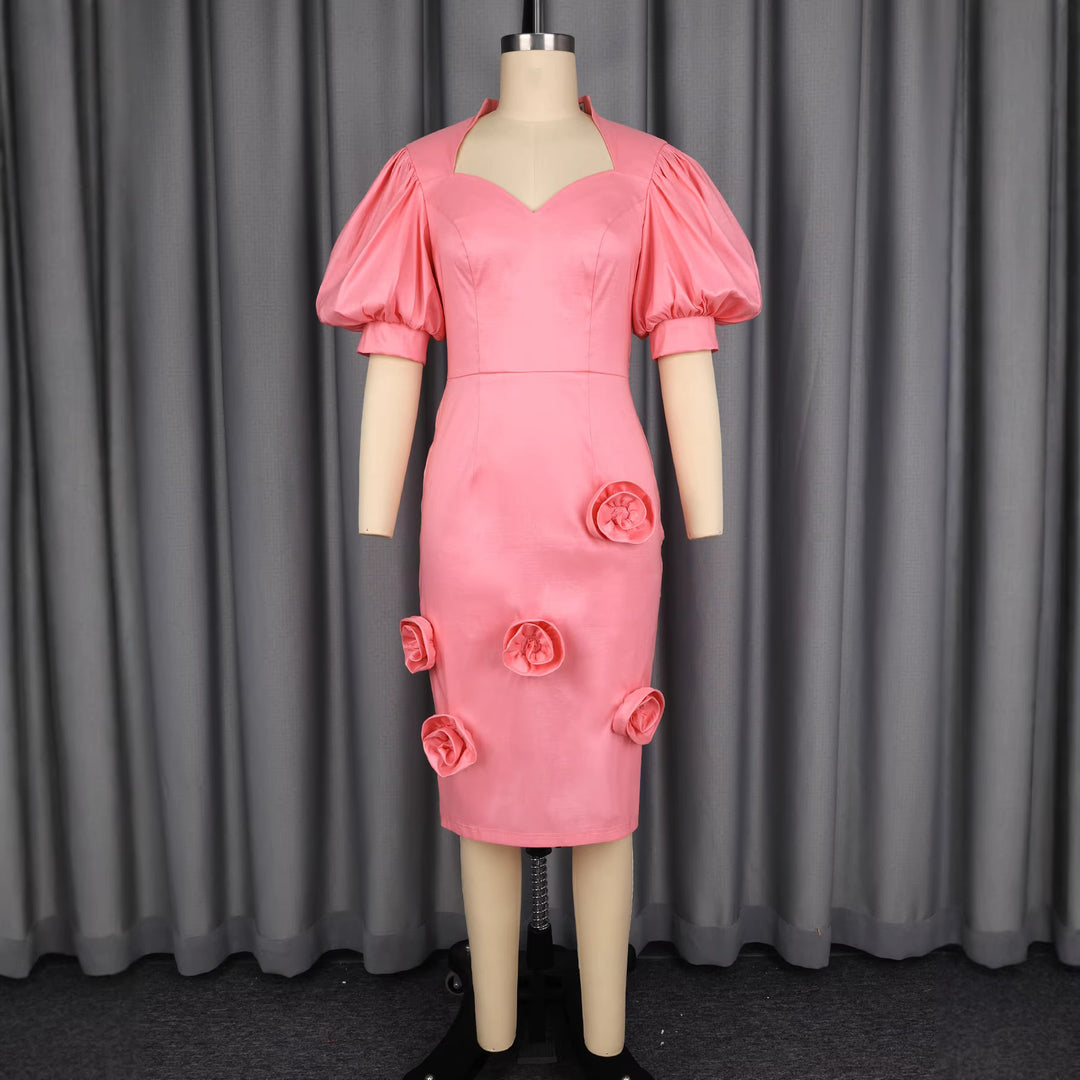 Damen Elegantes Kleid mit voluminösen Puffärmeln und floralem Akzent EB