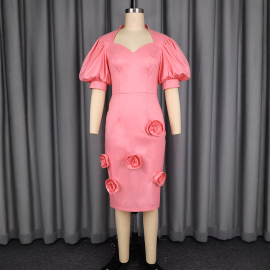Damen Elegantes Kleid mit voluminösen Puffärmeln und floralem Akzent EB