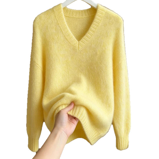 Damen Flauschiger Mohair-Mix Oversize-Pullover mit tiefem V-Kragen EB