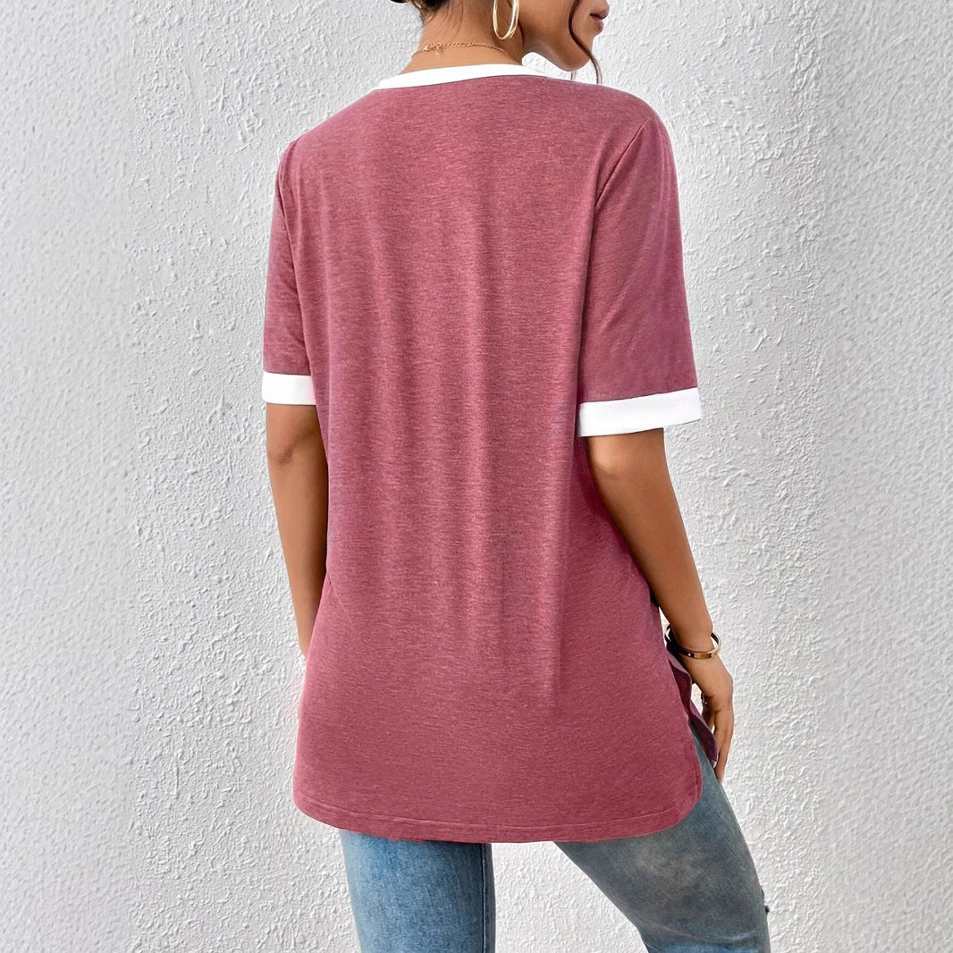 Damen V-Ausschnitt T-Shirt mit modischen Akzenten und bequemen Schnitt EB