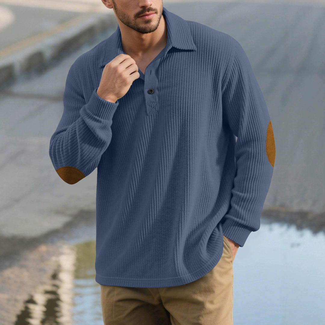 Herren nan gerippter Freizeit-Polo mit Kentkragen, kurzer Knopfleiste und Velours-Ellenbogenpatch EB
