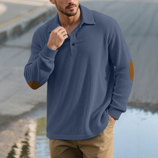 Herren nan gerippter Freizeit-Polo mit Kentkragen, kurzer Knopfleiste und Velours-Ellenbogenpatch EB