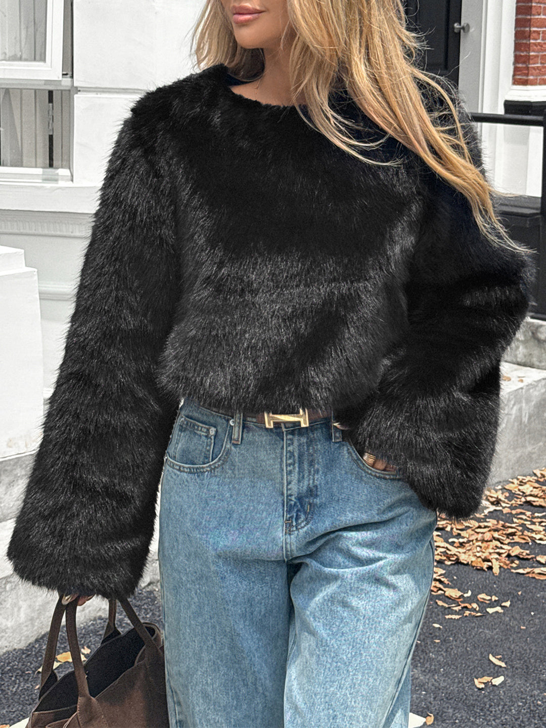 Damen nan kuscheliger Cropped-Faux-Fur-Pullover mit ausgestellten Ärmeln EB