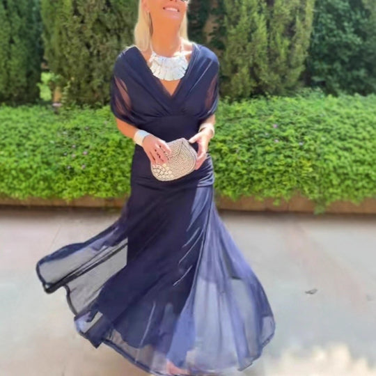 Damen nan fließendes Abendkleid mit transparentem Chiffon-Capelet, V-Ausschnitt und taillierter Drapierung EB