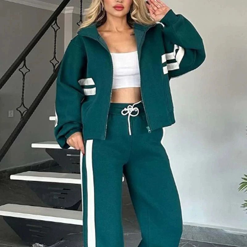 Damen nan athletisches Zweiteiler-Set aus French Terry mit Reißverschluss Cropped Jacke und weitem Highwaist Jogger EB