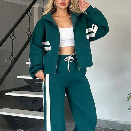 Damen nan athletisches Zweiteiler-Set aus French Terry mit Reißverschluss Cropped Jacke und weitem Highwaist Jogger EB