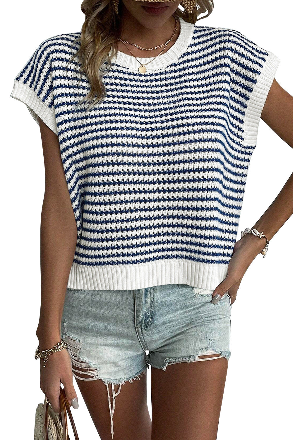 Damen lässiger Strickpullover mit modischem Streifenmuster und weitem Schnitt EB