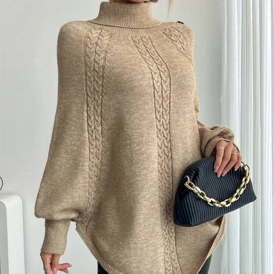 Damen Eleganter Strickponcho mit Rollkragen und Zopfmuster EB