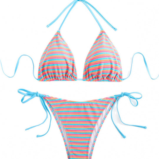 Damen Triangel-Bikini mit verstellbaren Bindebändern und verspieltem Streifenmuster EB