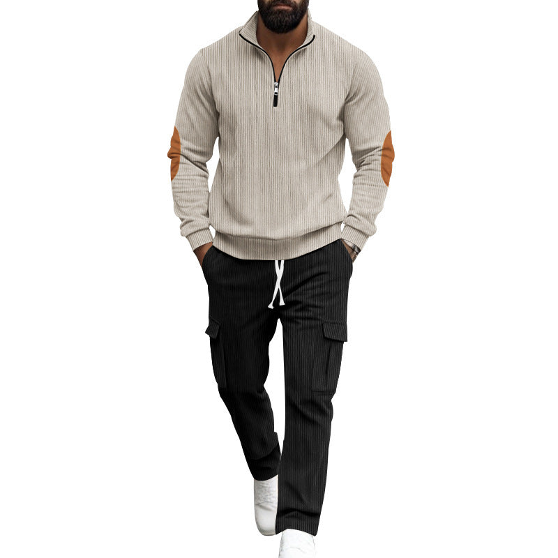 Herren modisches Sweatshirt und Cargo-Hose Set mit hohem Kragen und praktischen Taschen EB