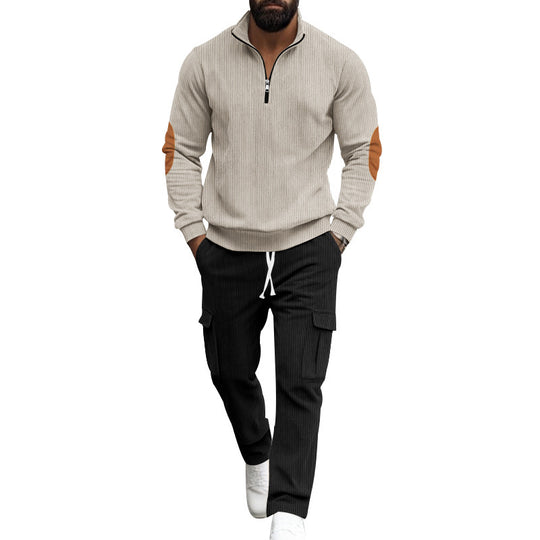 Herren modisches Sweatshirt und Cargo-Hose Set mit hohem Kragen und praktischen Taschen EB