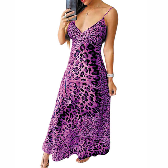 Damen Maxikleid mit feinem Spaghettiträger-Design und auffälligem Tiermuster EB