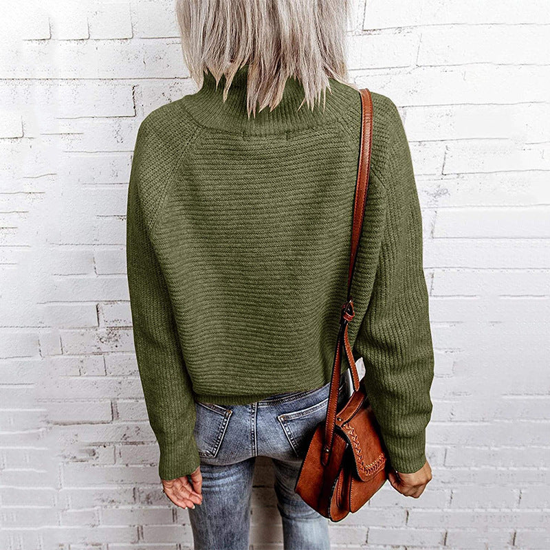Damen lässiger Strickpullover mit hochgeschlossenem Kragen und dekorativen Nähten EB