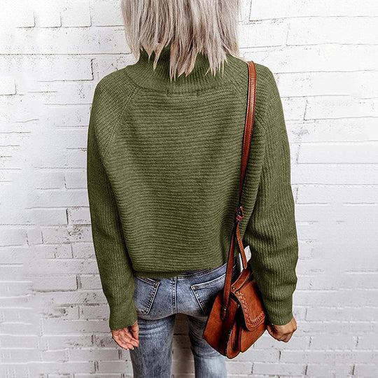 Damen lässiger Strickpullover mit hochgeschlossenem Kragen und dekorativen Nähten EB