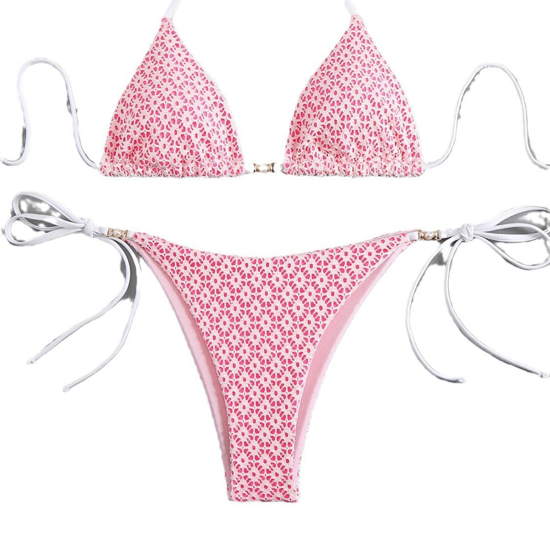 Damen Triangel-Bikini mit filigranem Blumendesign und charmanten Schleifen EB