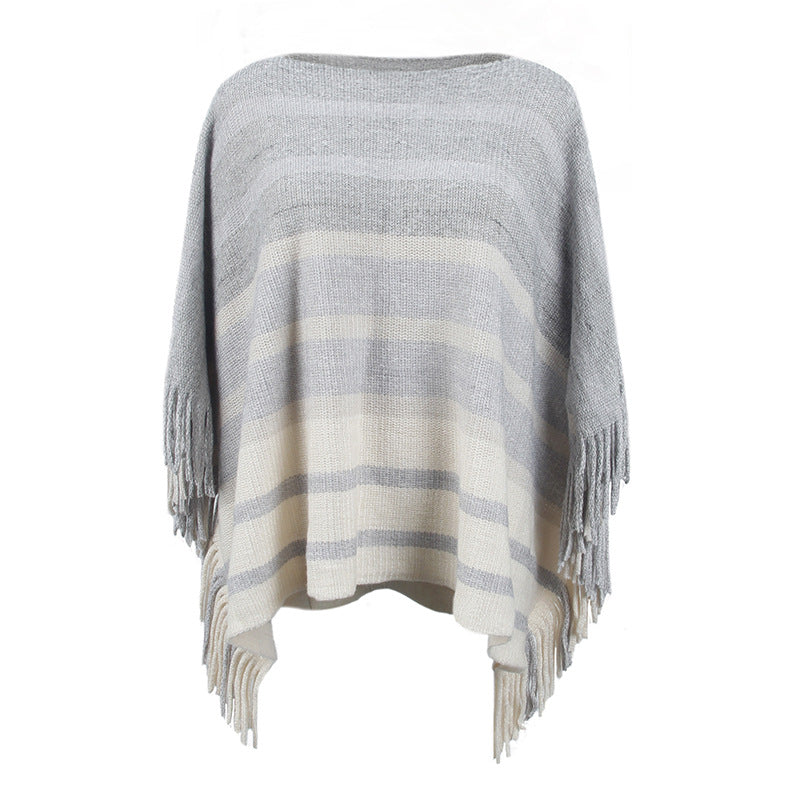 Damen eleganter Poncho mit strukturiertem Design und fransigen Details EB