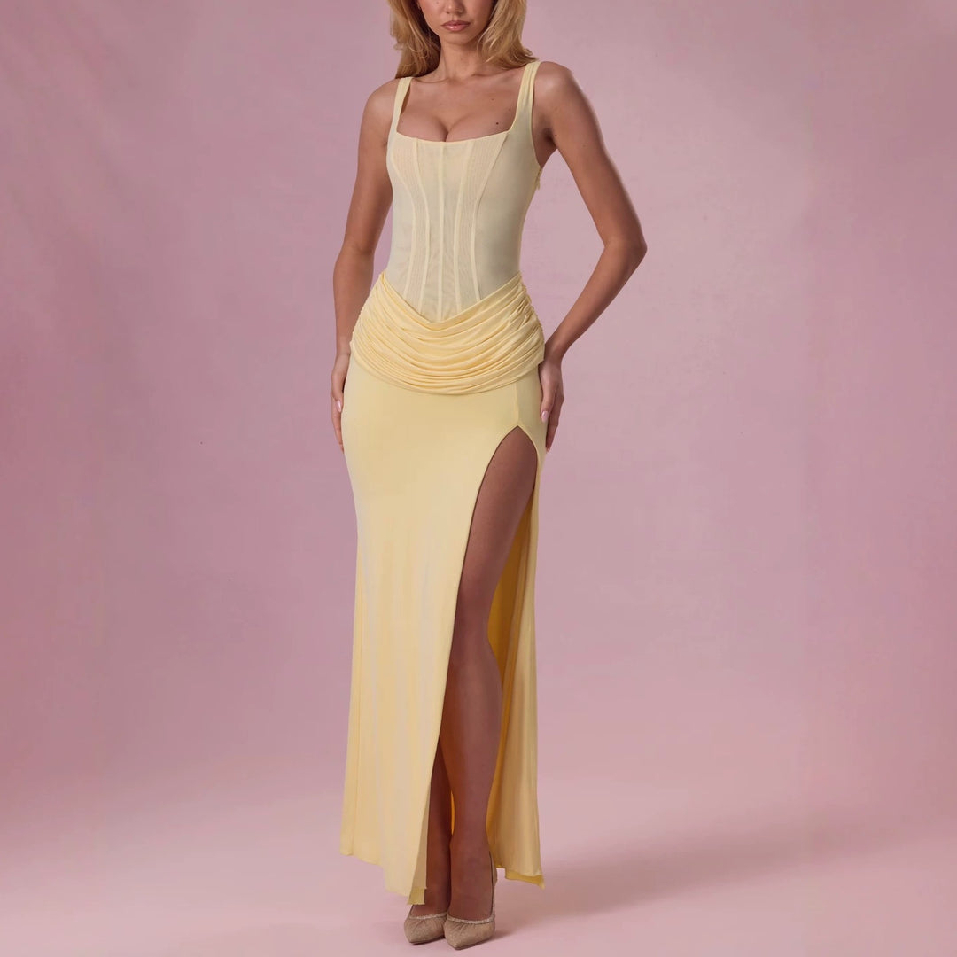 Damen Charmantes Maxikleid mit strukturierter Corsage und hohem Schlitz EB