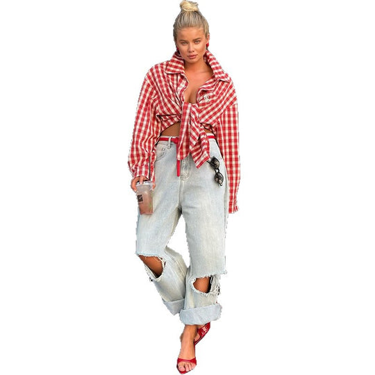 Damen Oversize-Karohemd mit knotenförmigem Detail EB