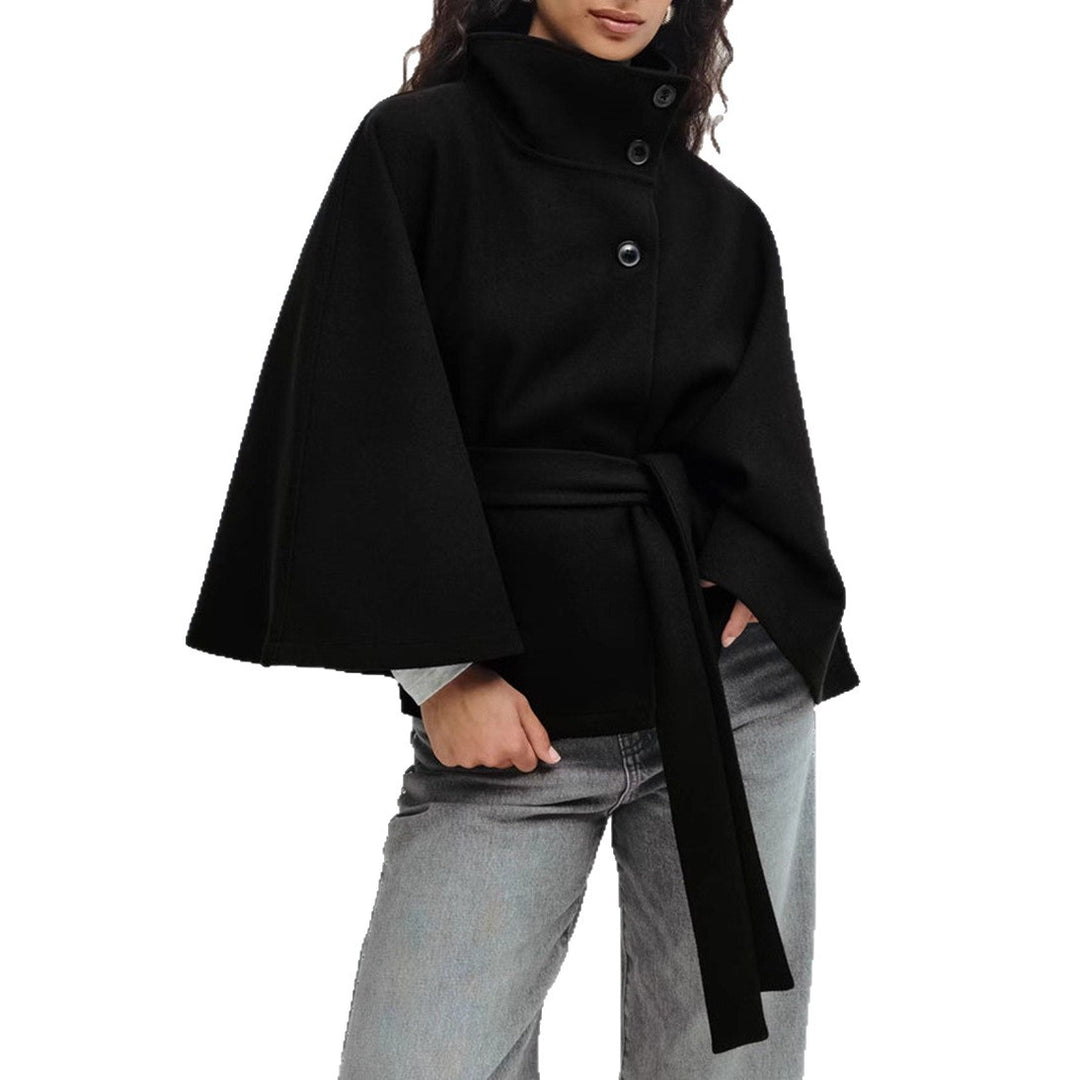 Damen modische Wolljacke mit hohem Kragen und Gürtel EB