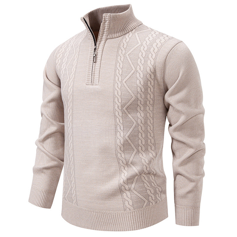 Herren nan gehobener Strickpullover mit Halbzip, Stehkragen und dekorativem Zopfmuster EB