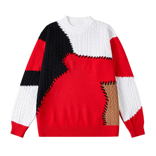 Herren nan strukturierter Patchwork-Strickpullover mit Zopfmuster und Rundhals EB