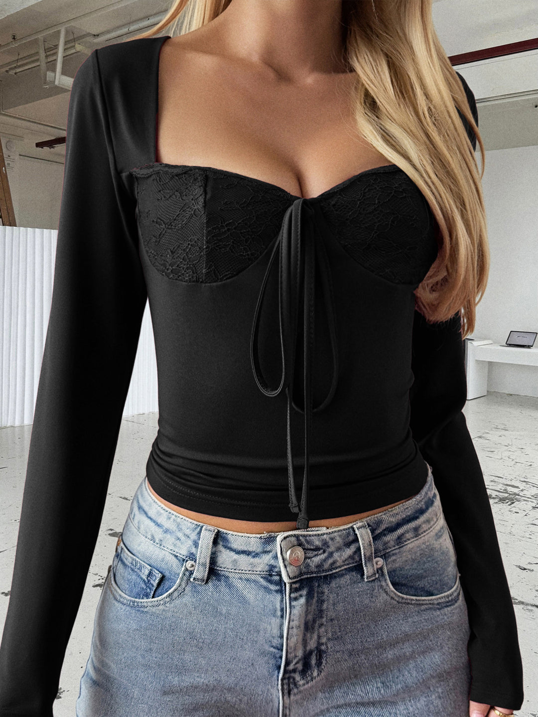 Damen nan tailliertes Bustier-Top mit quadratischem Ausschnitt, Spitzencups und Bindeband EB