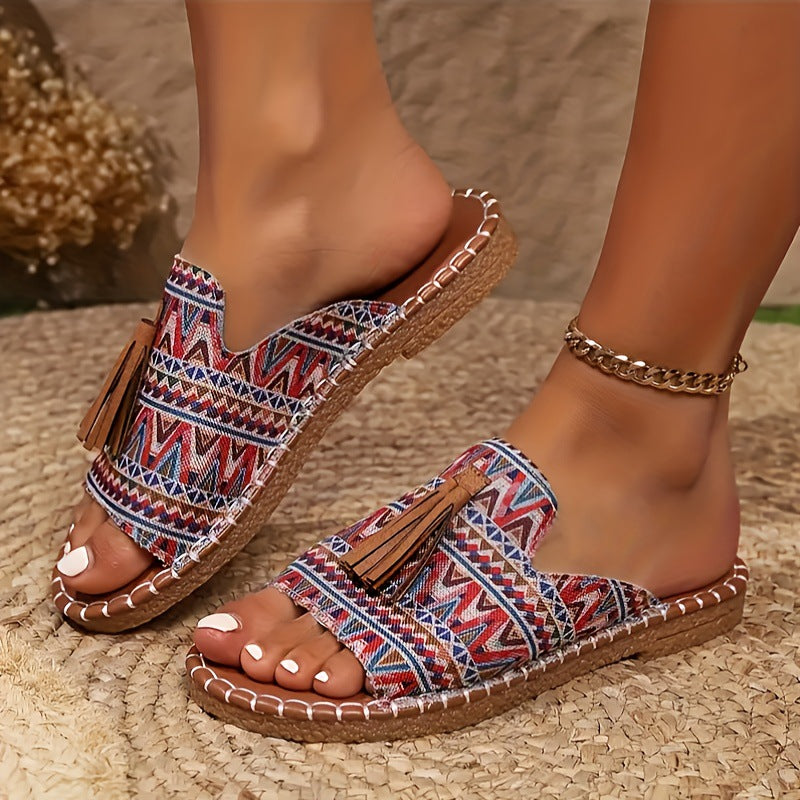 Damen Riemensandalen mit geflochtenem Muster und dekorativen Fransen EB
