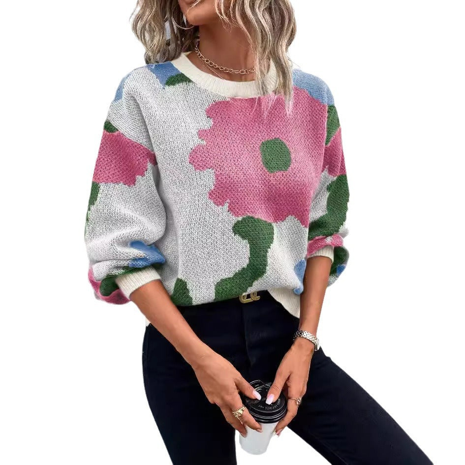 Damen modischer Pullover mit floralem Muster und weiten Ärmeln EB
