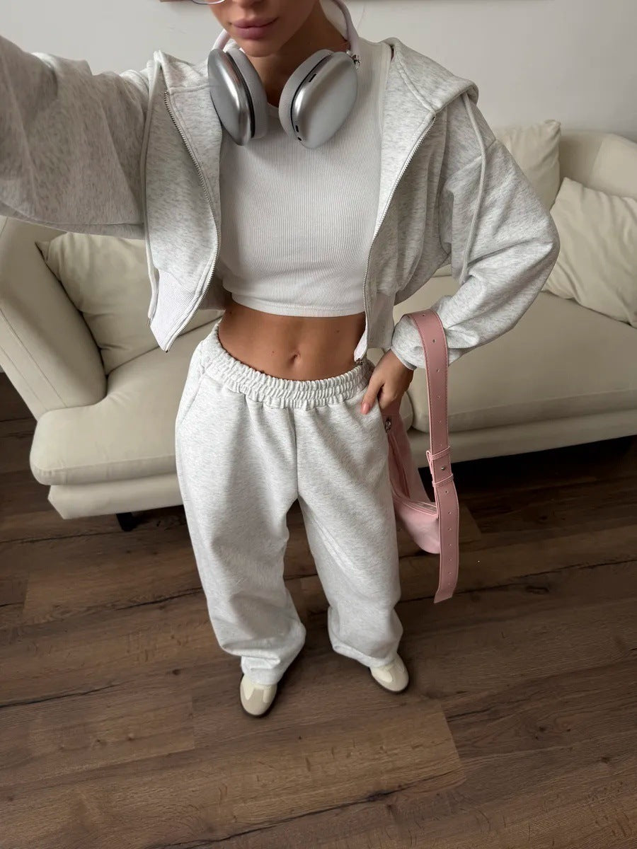 Damen trendiges cropped Sweatoutfit mit Kapuze und seitlichem Reißverschluss EB
