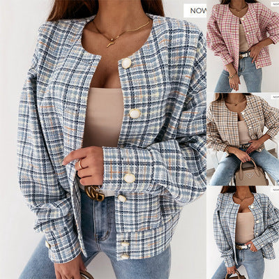 Damen Modischer Karostrickjacke mit einzigartigem Knopfverschluss EB